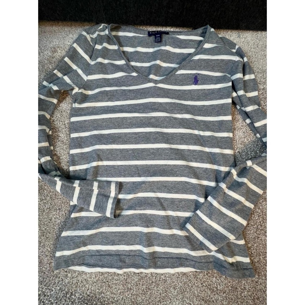 Ralph Lauren Gray & White Striped V-Neck Long Sleeve Tee with Purple Pony
